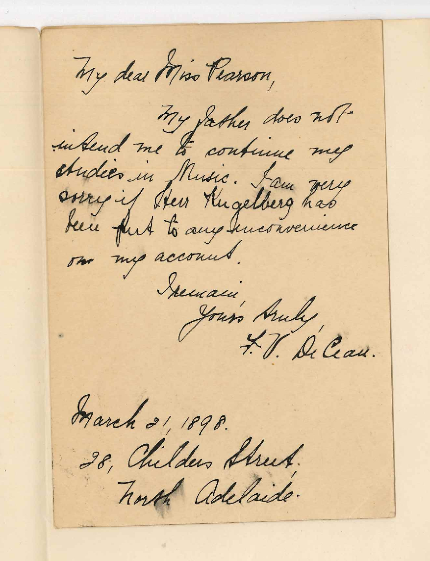 Miss F V DeCean - North Adelaide - Will not continue lessons at Conservatorium