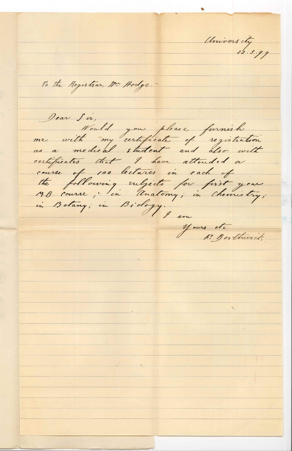 F Borthwick - University - Request for MB Certificates