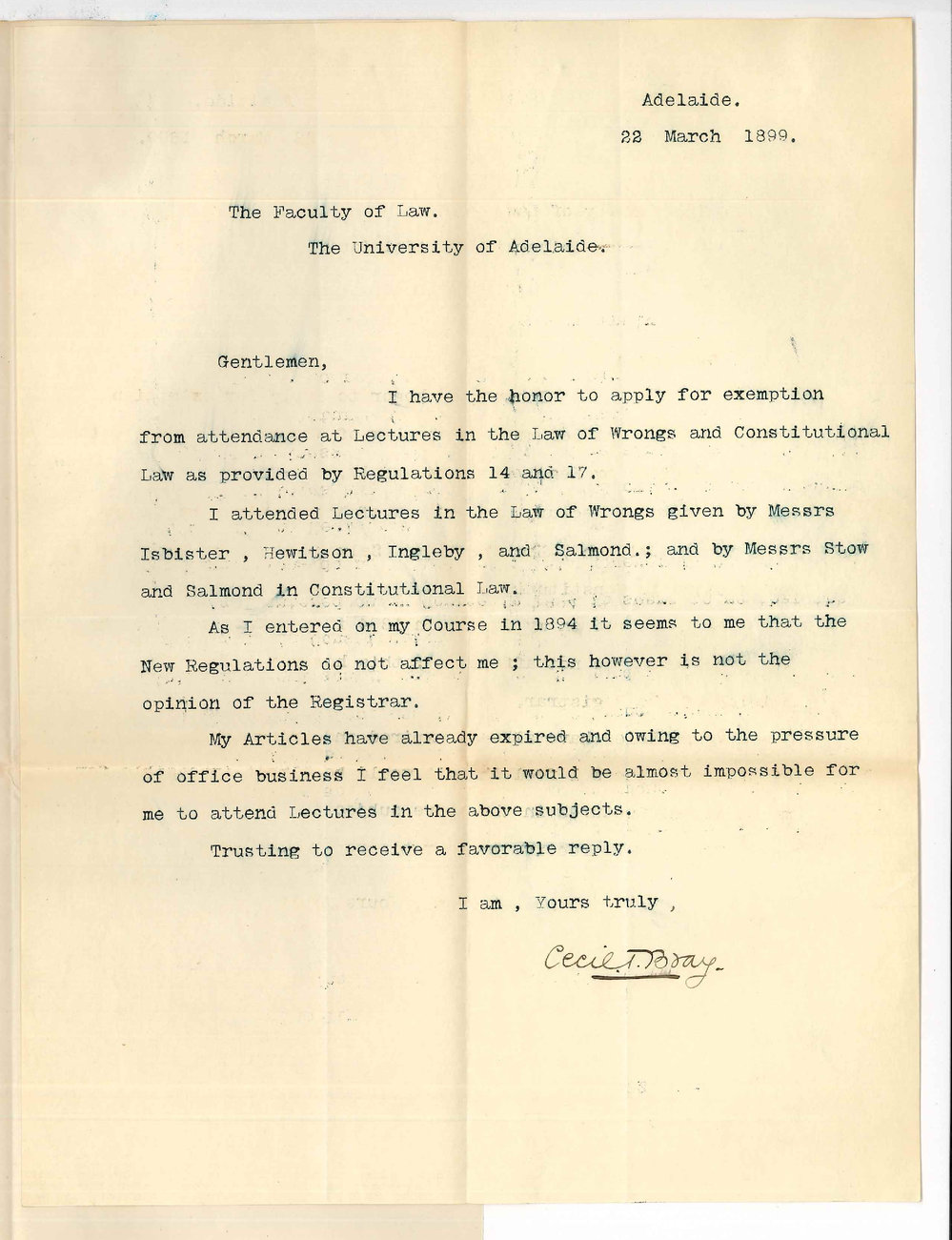 Cecil T Bray - Adelaide - Application exemption from attendance on Lectures