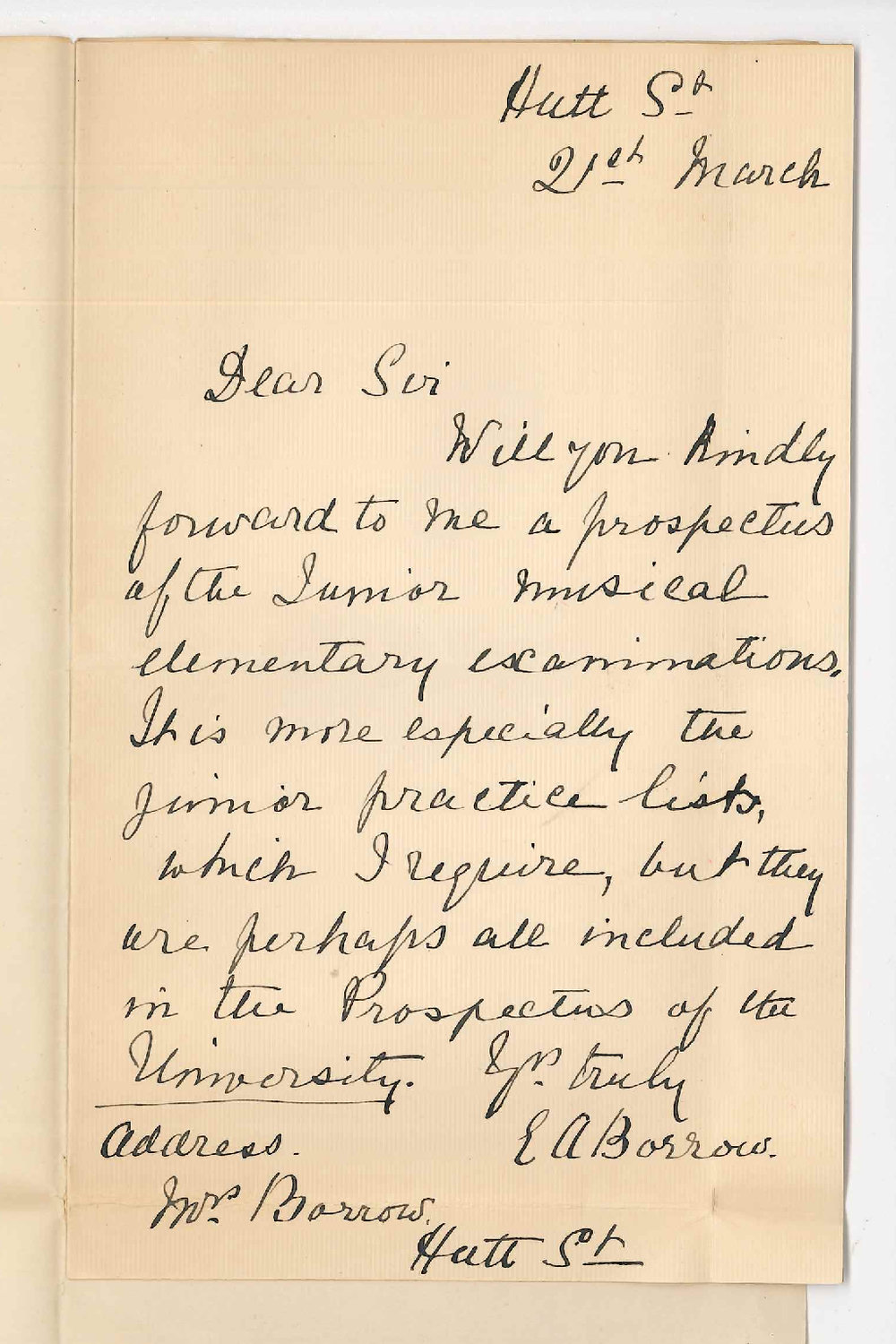 Mrs E A Borrow - Adelaide - Request for Music Pamphlet