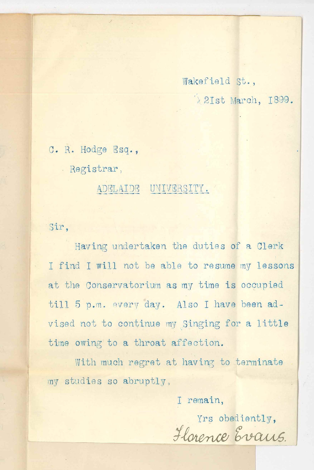 Miss Florence Evans - Wakefield Street - Discontinuance of Lessons at The Conservatorium