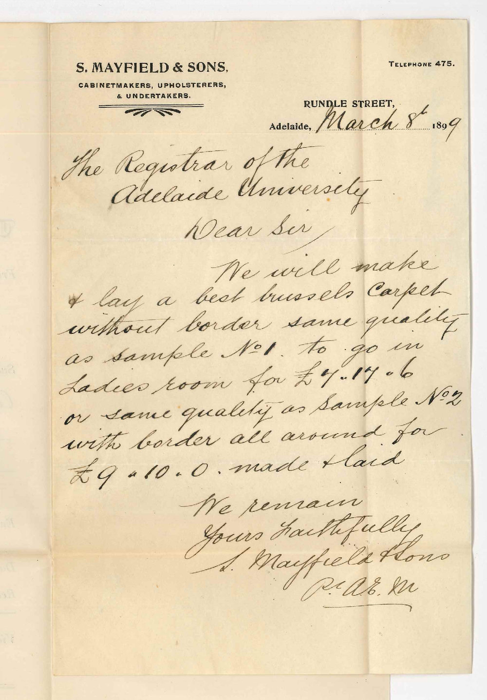 S Mayfield and Sons - Adelaide - Cost of carpet for Ladies Room