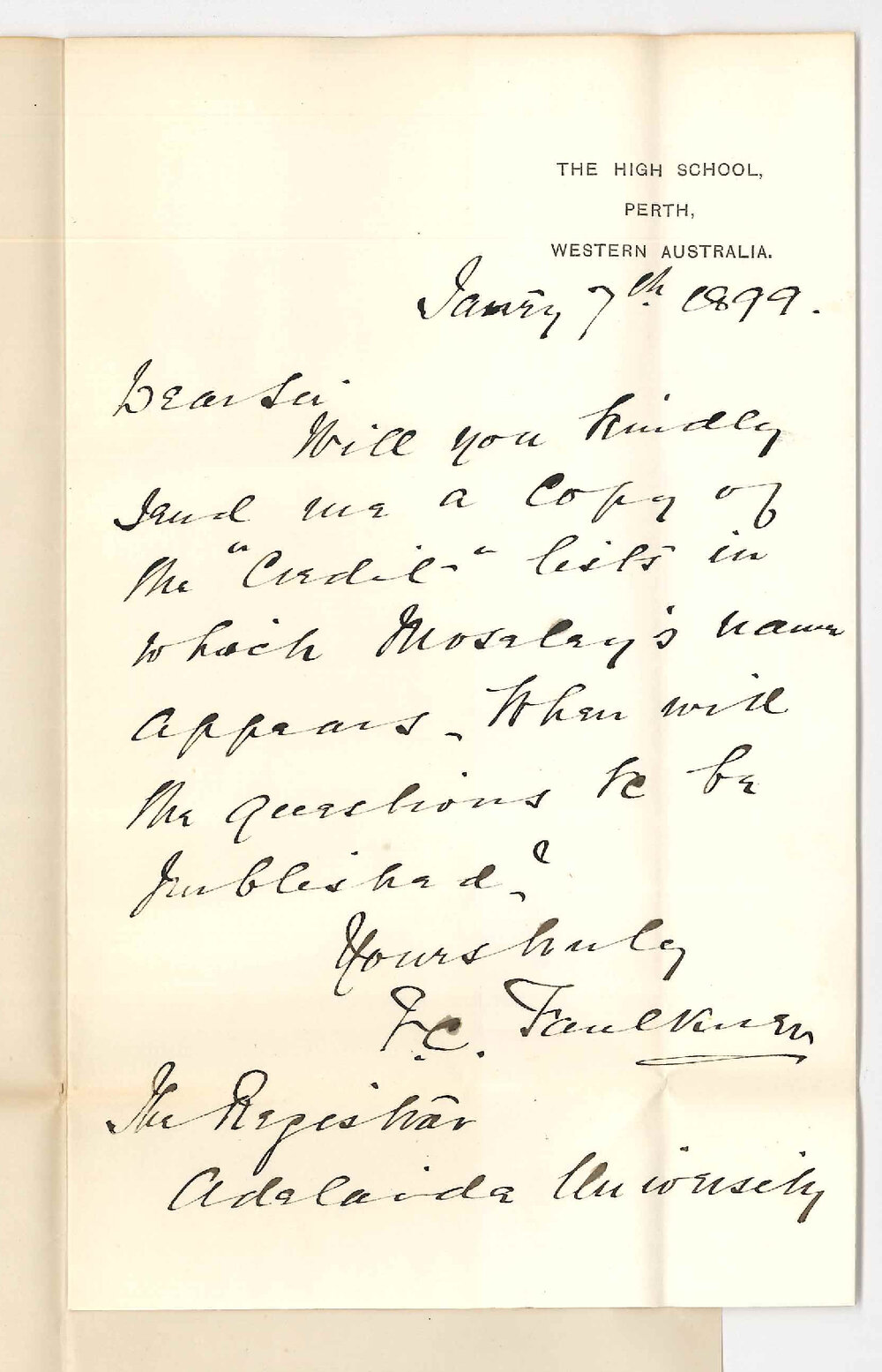 F C Faulkner - High School Perth - Request for Credit Lists in Junior Examinations