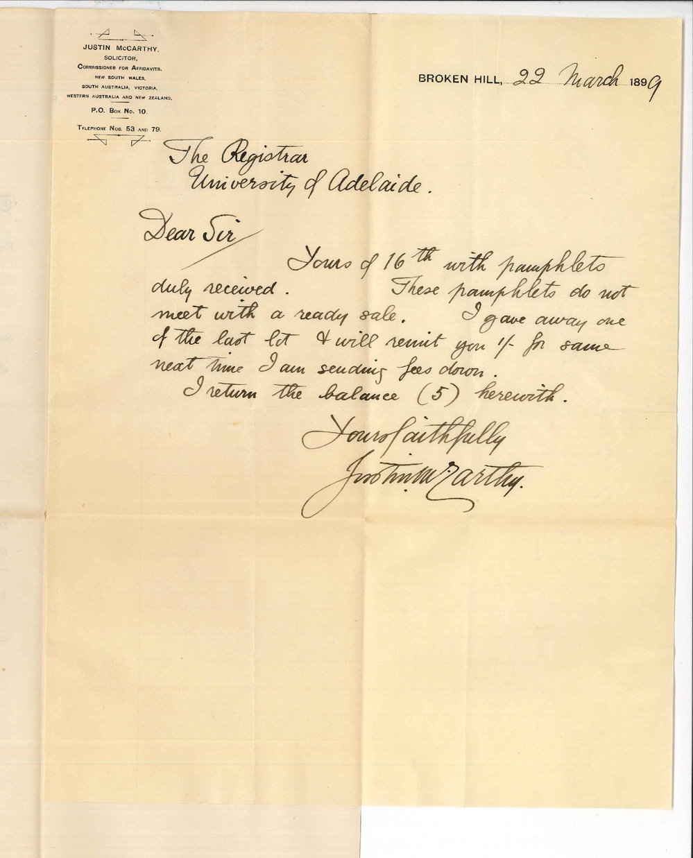 Justin McCarthy - Broken Hill - Forwarding 1898 Music Pamphlets