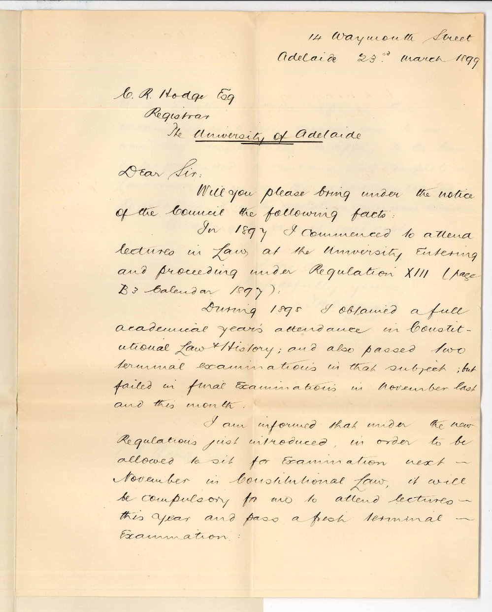 Theodore Henry Nicholls - University - Application for exemption from attendance of Law lectures