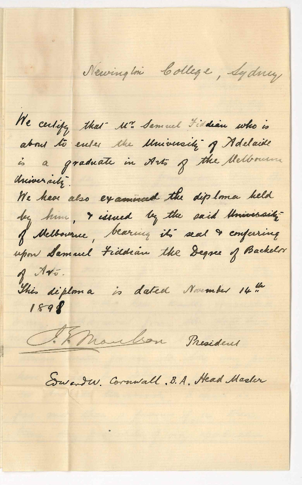 S Fiddian - Sydney - Admission ad eundem statum