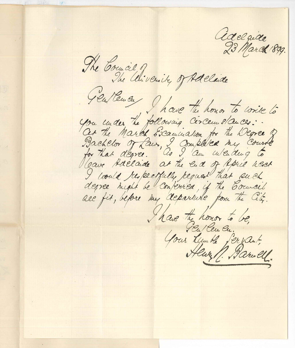 Henry N Barwell - University - Application for Degree of LLB