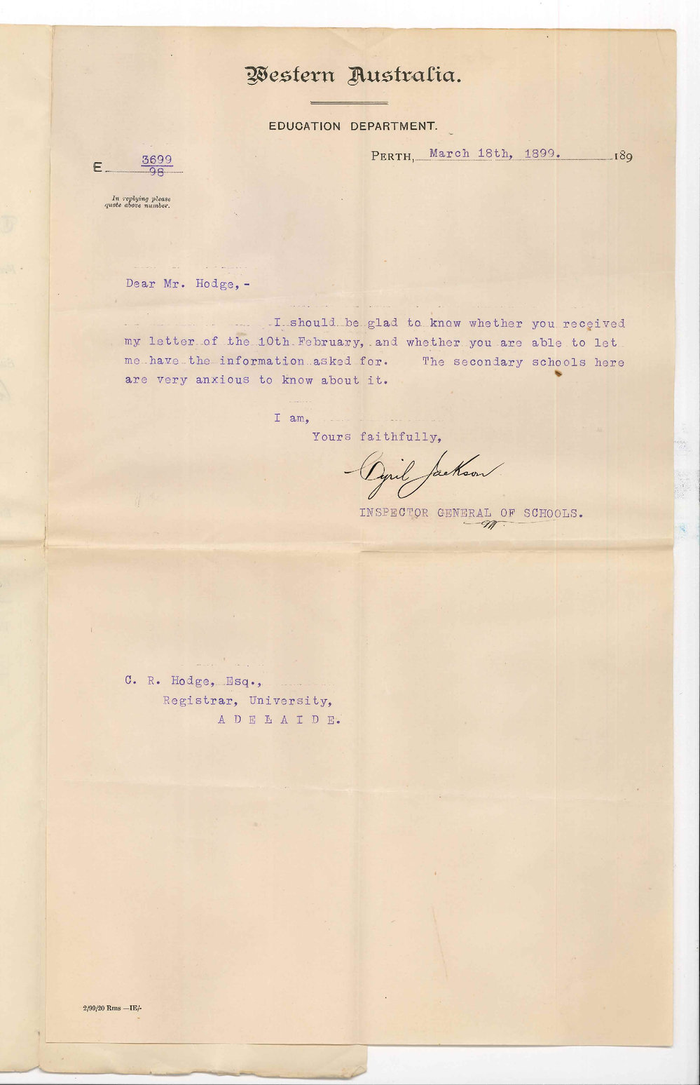 Cyril Jackson - Perth - Asking for reply to letter of 10th February