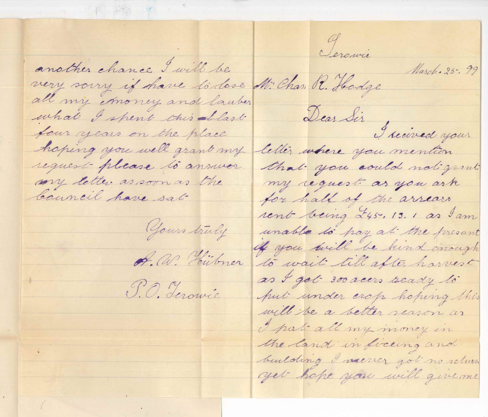 A W Hiibner - Terowie - Concerning arrears in Rent