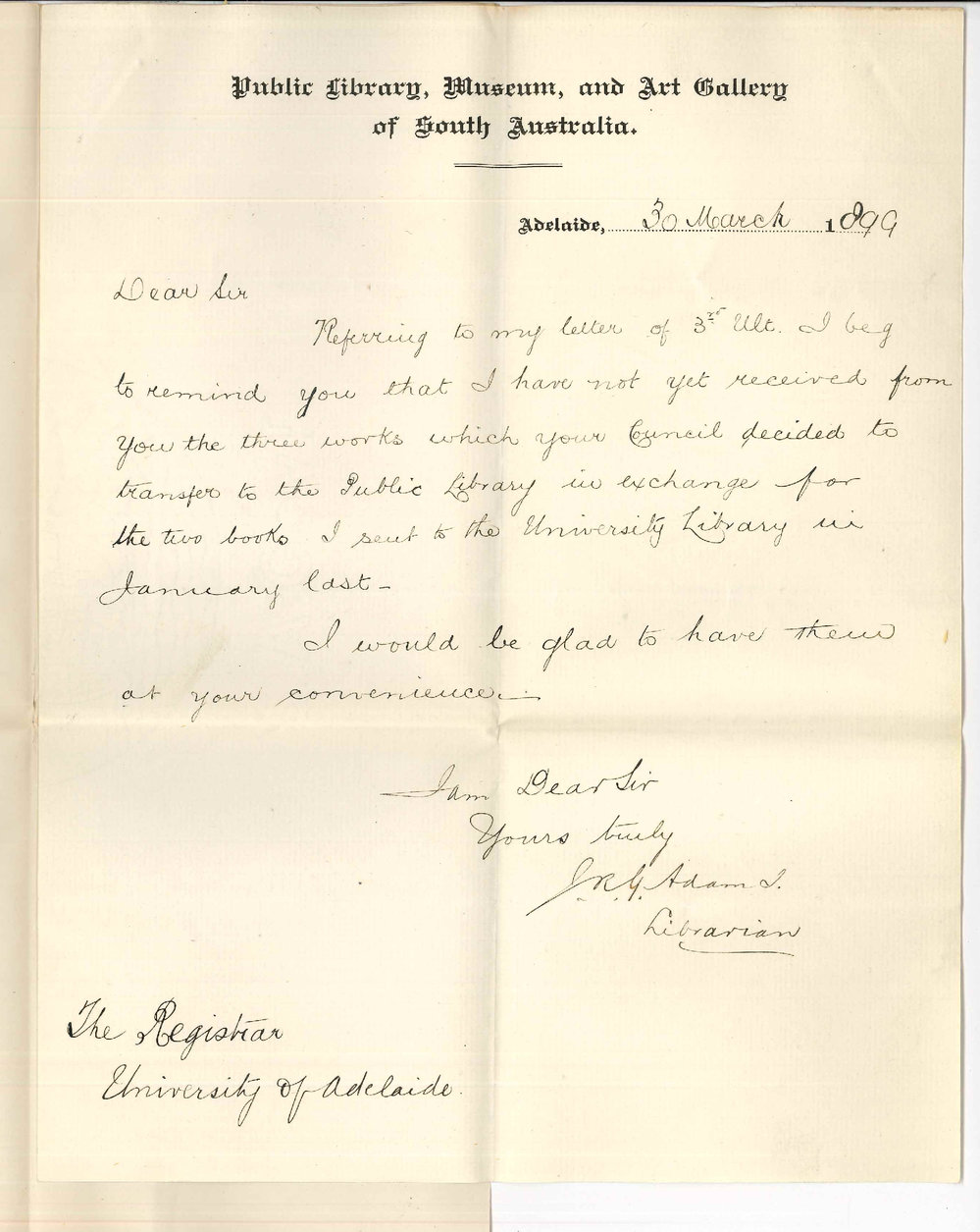 Joseph Robert George Adams - Public Library - Exchange of Books