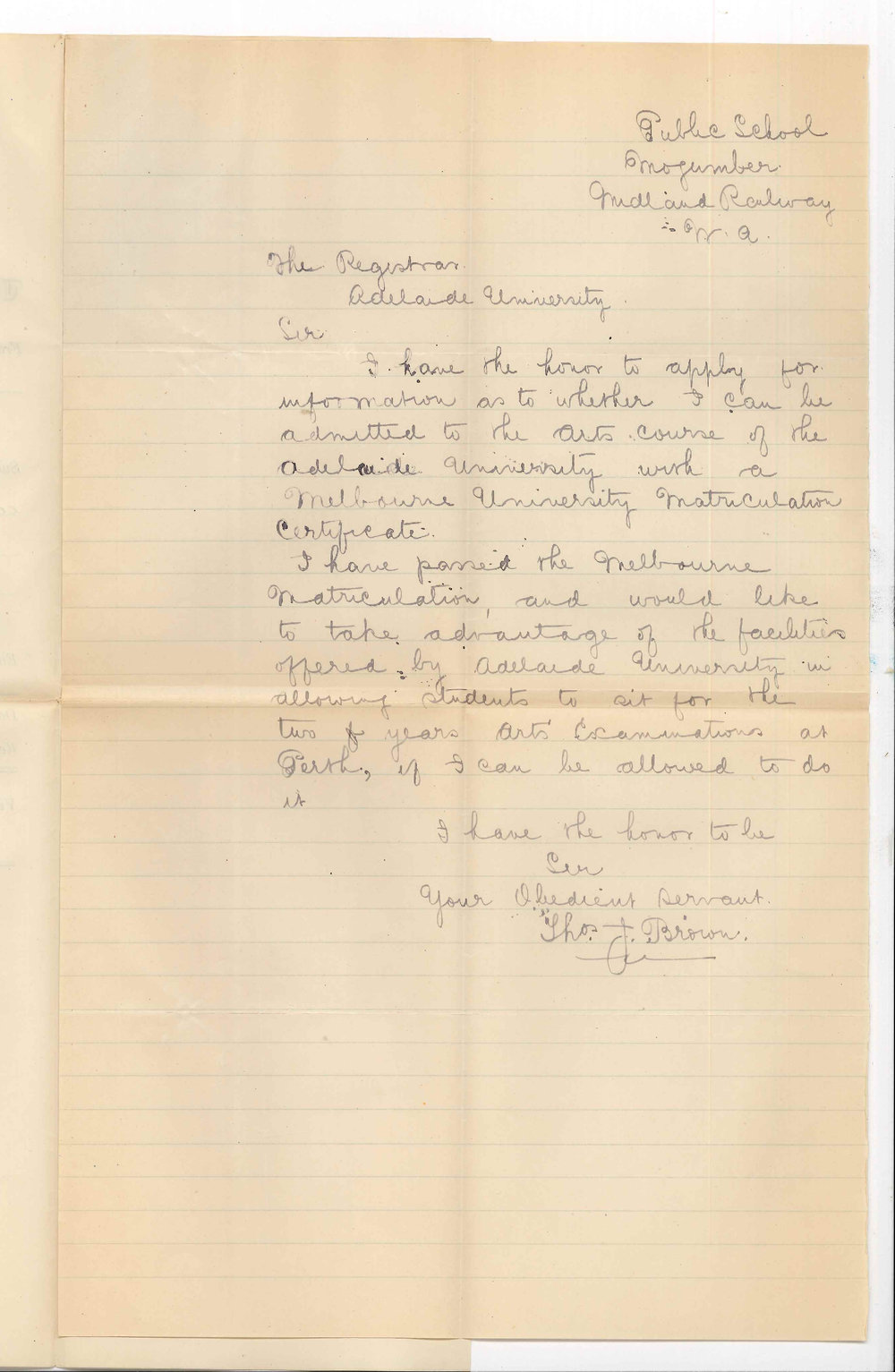 Thomas J Brown - Mogumber WA - Admission ad eundem statum