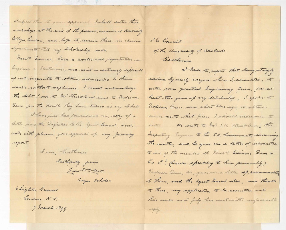 Edward V Clark - Angas Scholar - Proceedings in London