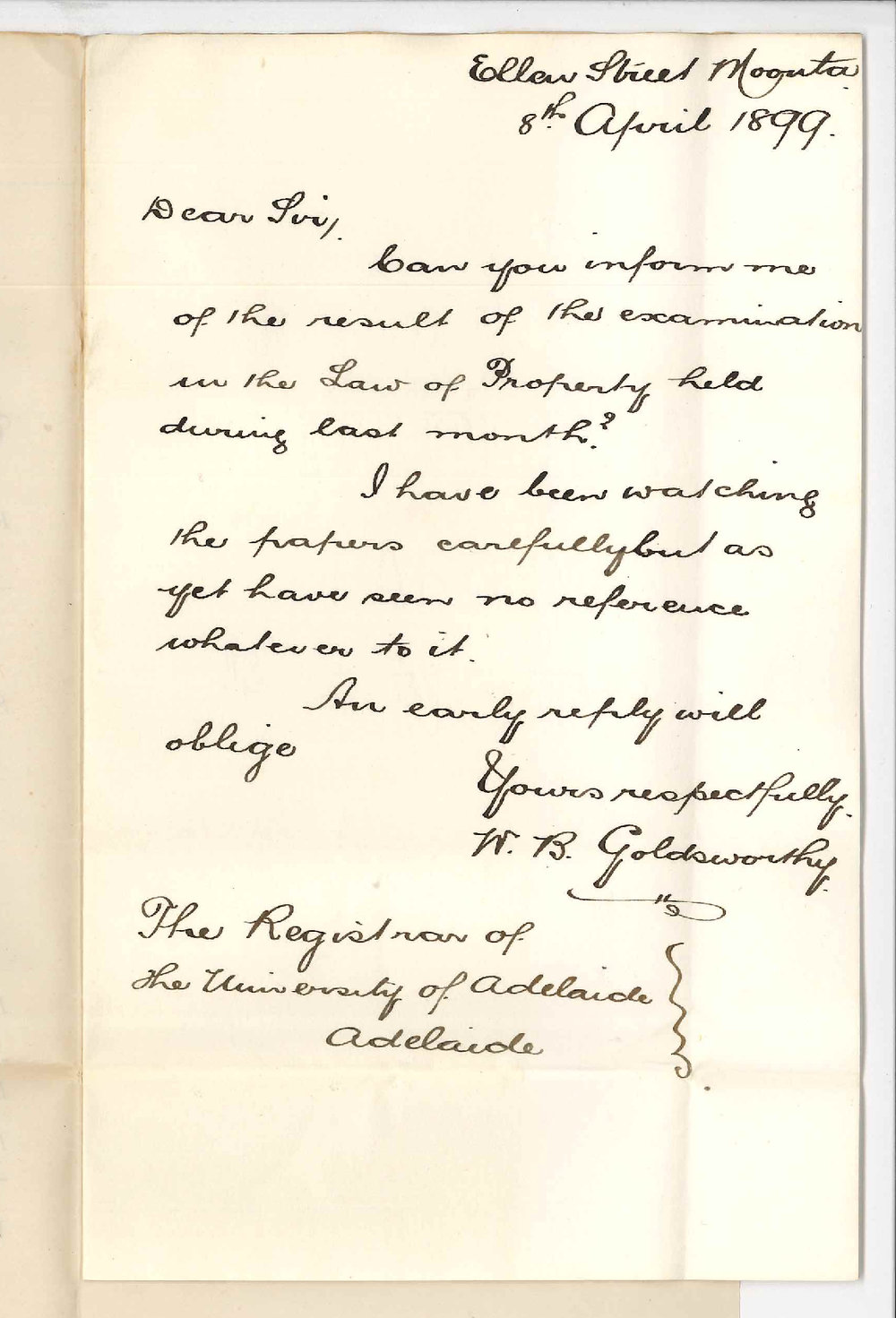 William Beazley Goldsworthy - Moonta - Request for the results in the Law of Property Examination