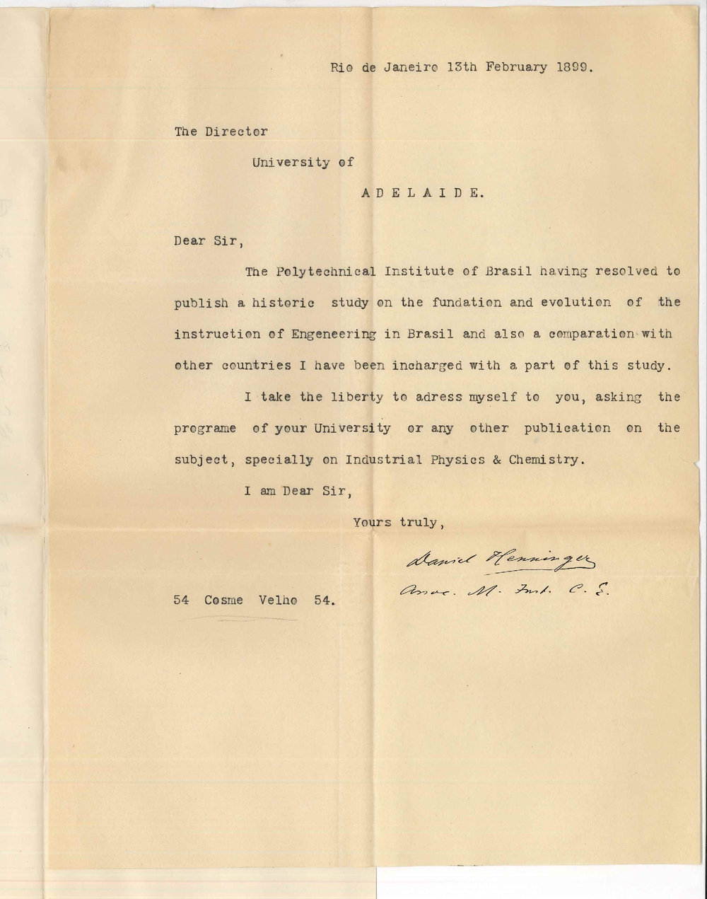 Daniel Henninger - Rio de Janeiro - Request for Particulars Concerning Instruction of Industrial Physics and Chemistry