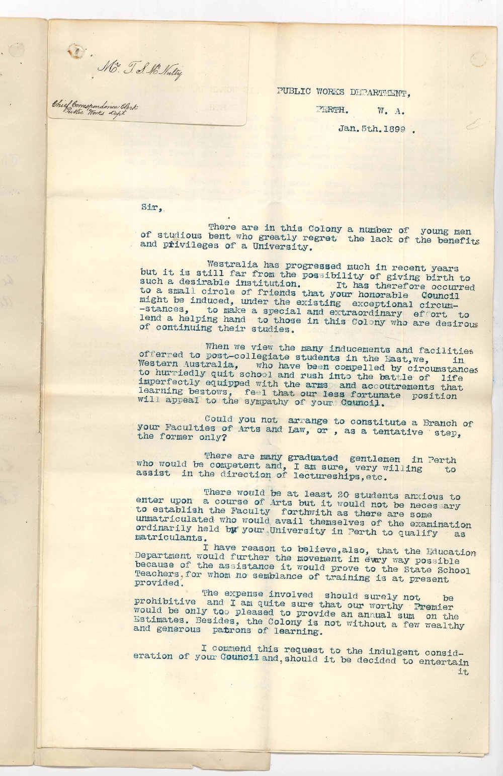 T S McNulty - Perth - Extension of University benefits in Western Australia