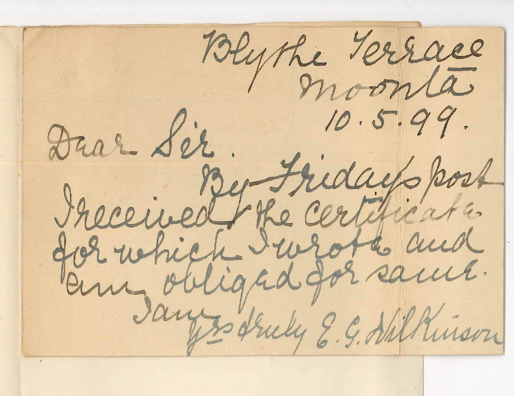 Mrs E G Wilkinson - Moonta - Acknowledging receipt of Certificate