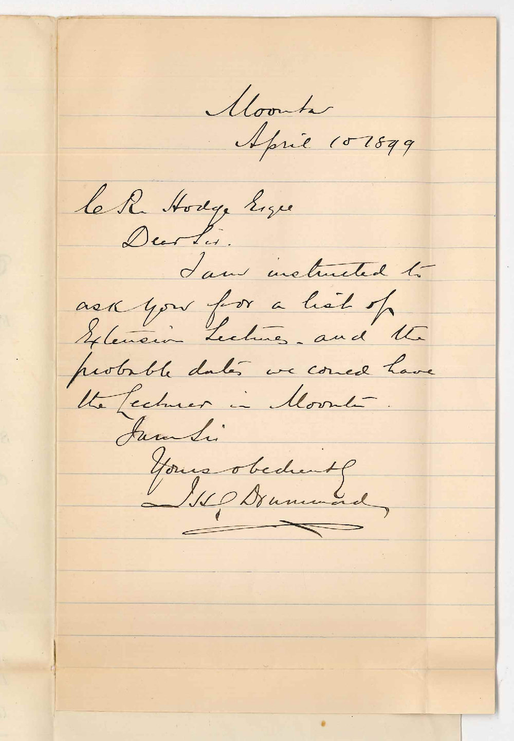 Dr J H G Drummond - Moonta - Information concerning Extension Lectures