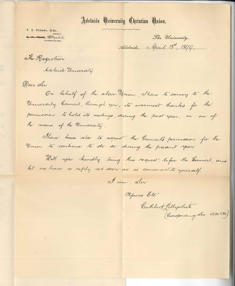 Cuthbert Lillywhite - Adelaide University Christian Union - Thanking Council for use of room for meetings