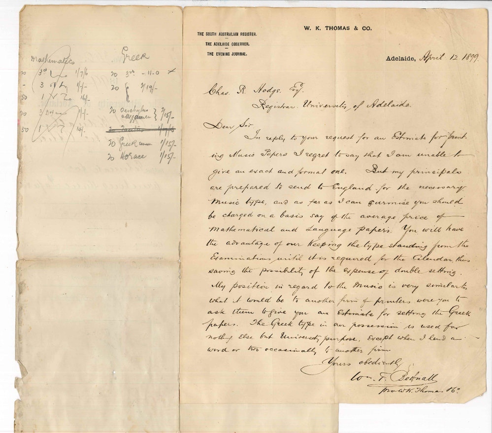 William T Bednall - W K Thomas and Co - Estimate for printing music papers