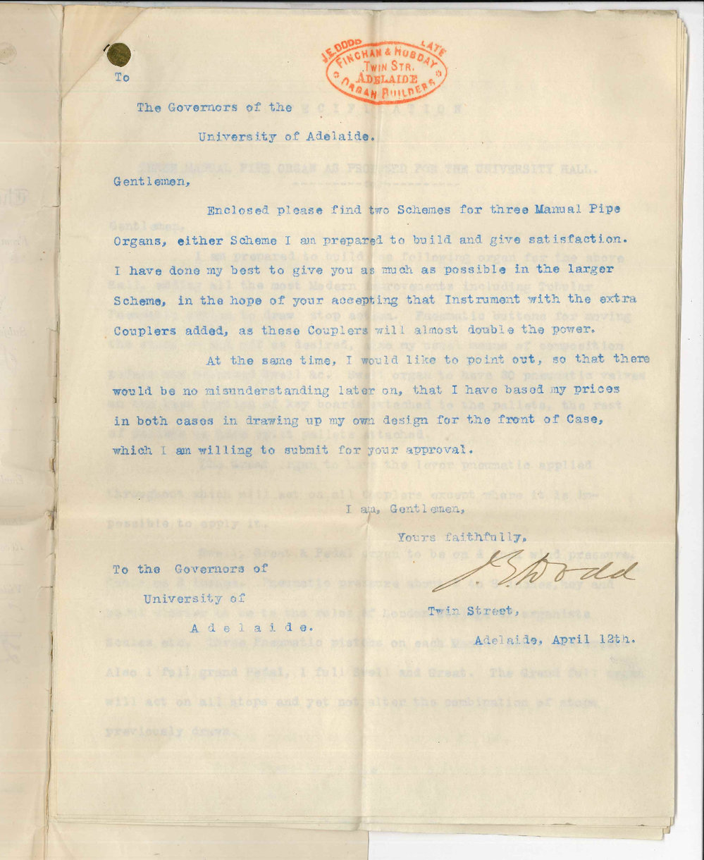 J E Dodd - Adelaide - Estimate for Organ