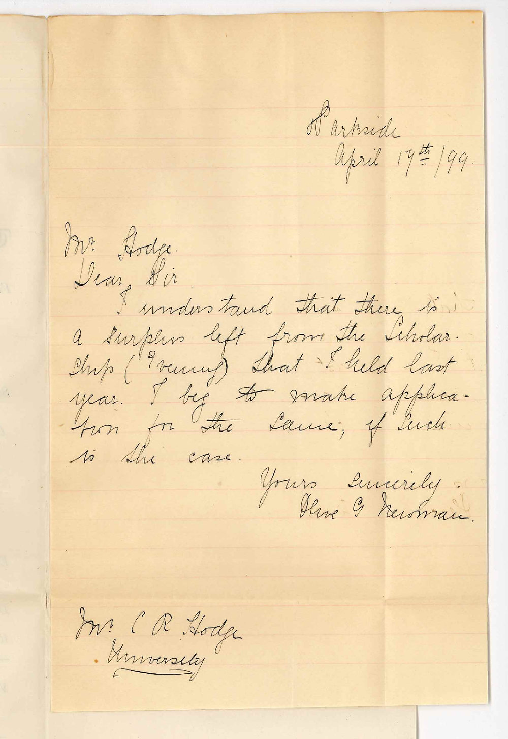 Miss Olive G Newman - Parkside - Request for surplus of Scholarship