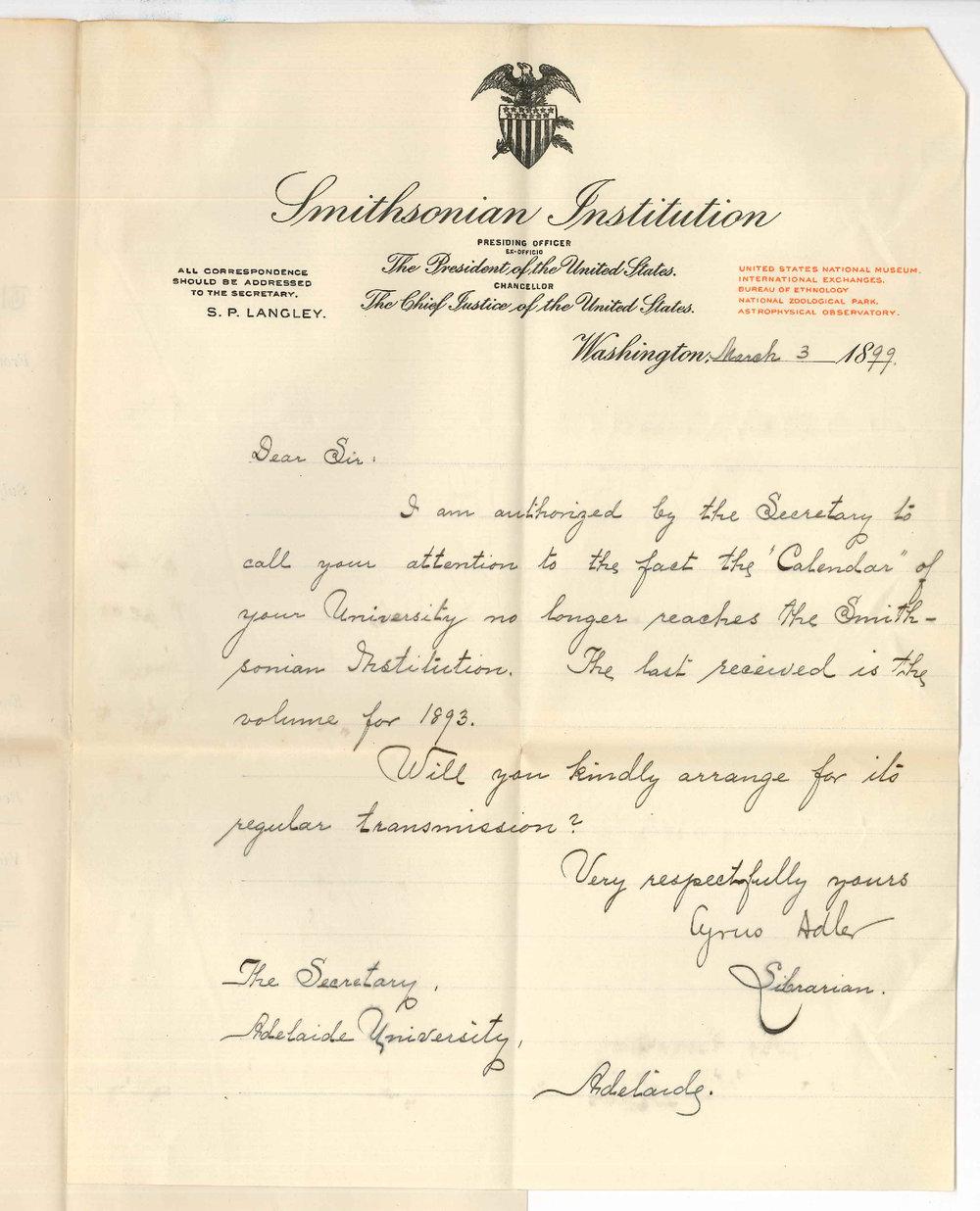 Smithsonian Institution - Washington - Requesting the University Calendar