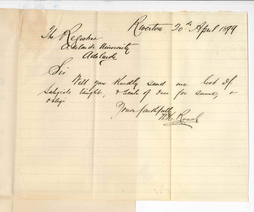 W H Roach - Riverton - Request for particulars of University