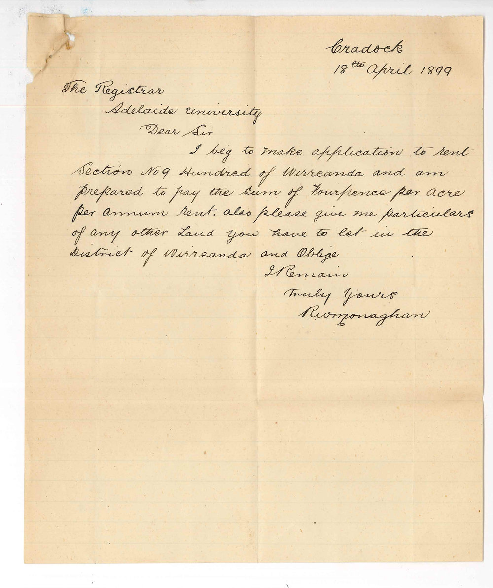 R W Monagham - Cradock - Application for lease of section 9 hundred of Wirreanda