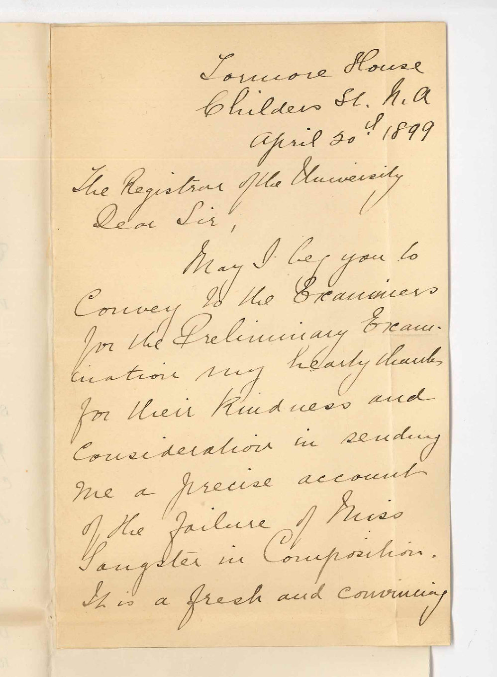 Miss Caroline Jacob - North Adelaide - Thanking examiners for information concerning failure of Miss Sangster in Preliminary