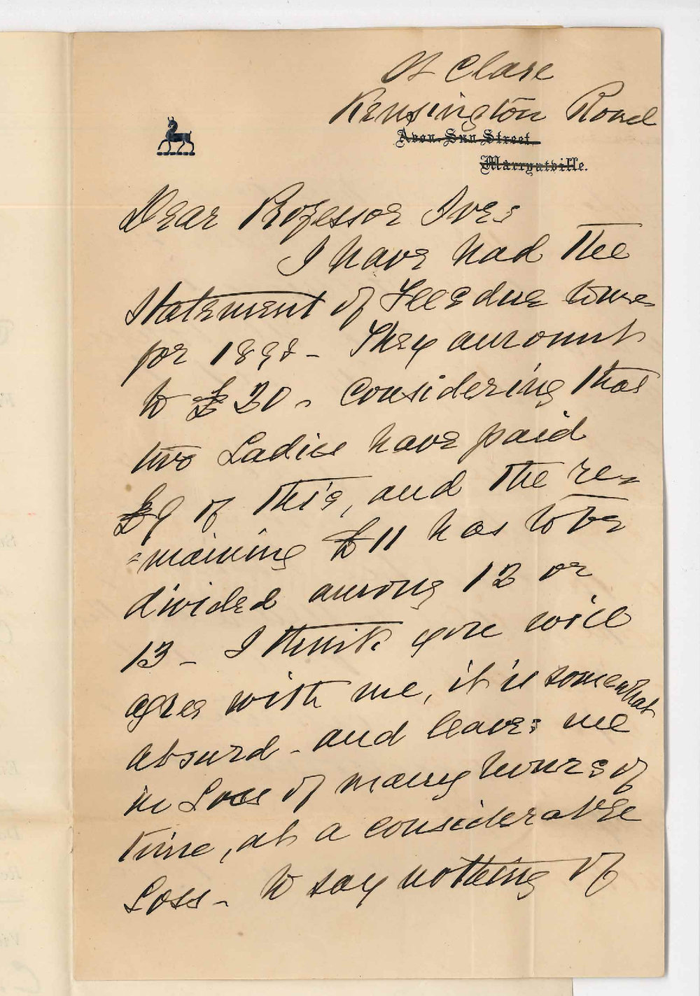 Wybert Reeve - Kensington - Regarding statement of fees due for 1898 Elocution Class