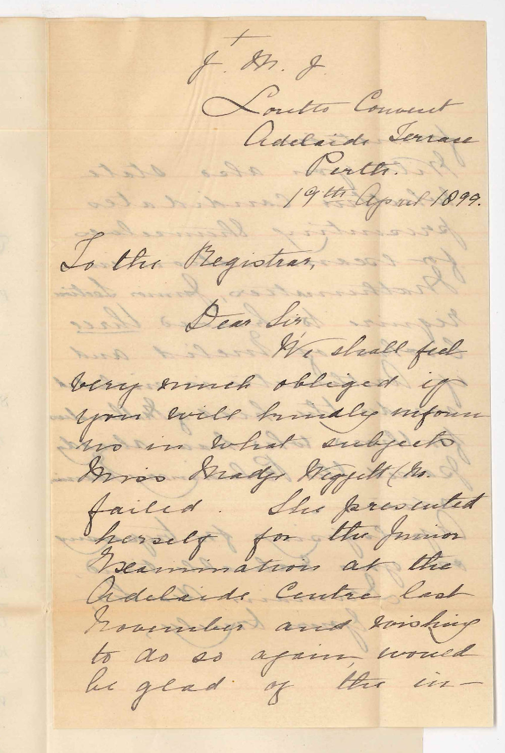 Loretto Convent - Perth - Enquiring on failure of Miss M Wiggett in Junior Public Examination