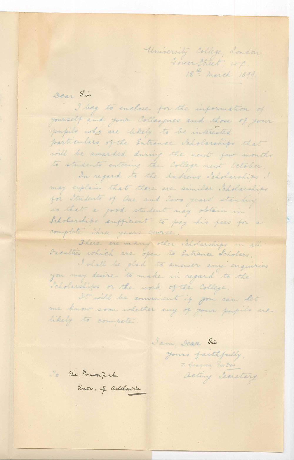 J Gregory Foster - Acting Secretary - University College - London - Information on the particulars of the Entrance Scholarships