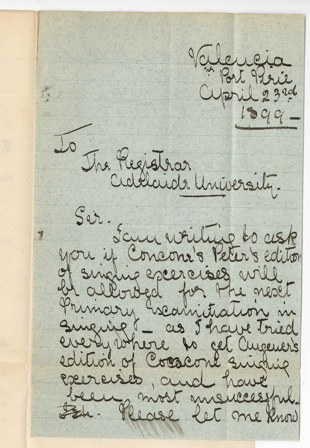 Miss C de A Hector - Port Pirie - Enquiring about music in Primary Examination in Singing