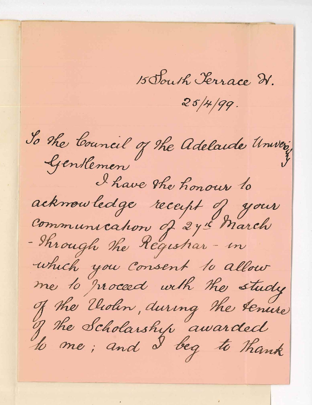 Miss Florence E Cooke - Adelaide - Thanking for awarded Scholarship Violin