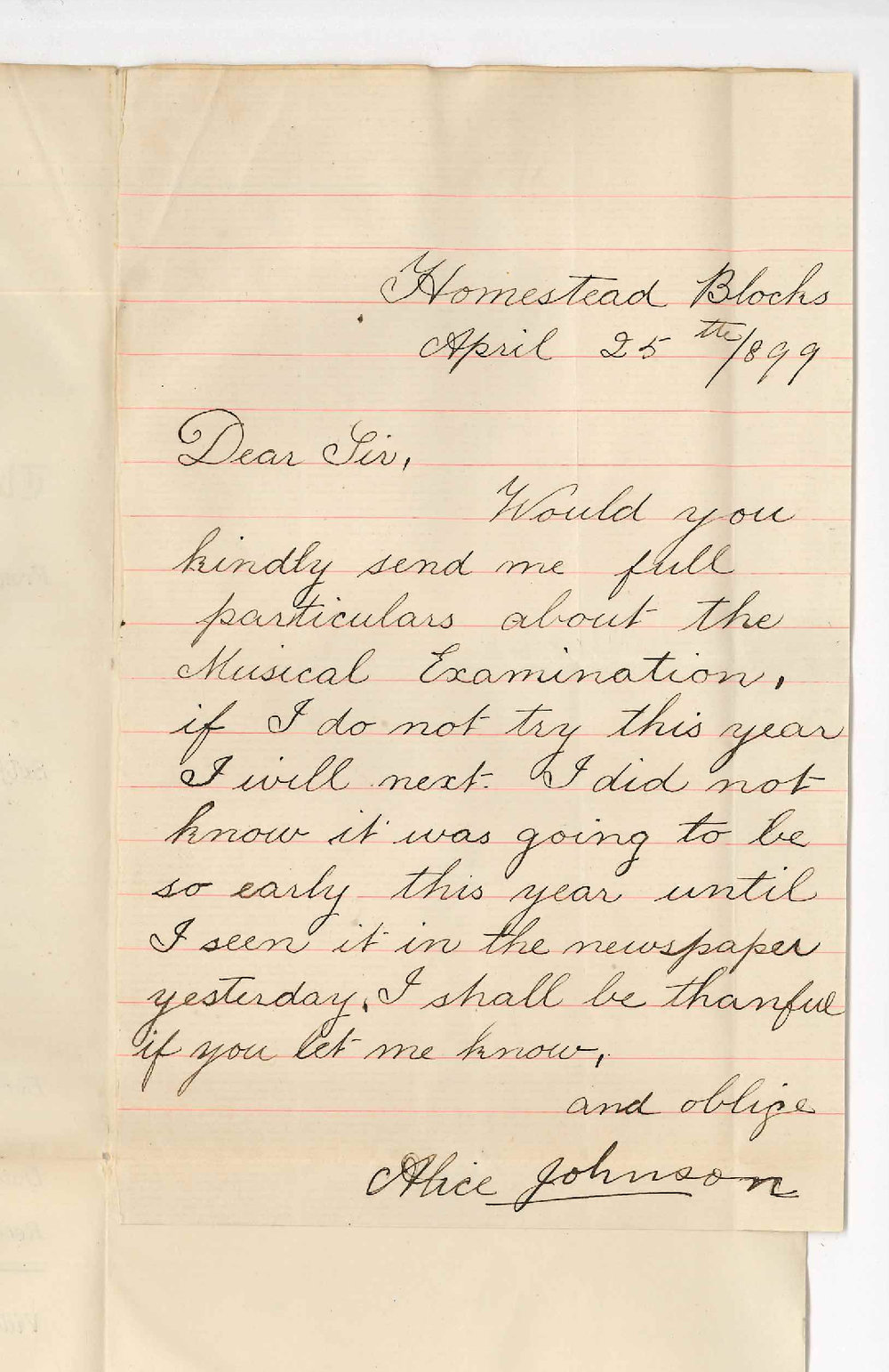 Alice Johnson - Homestead Blocks - Enquiring about music examinations