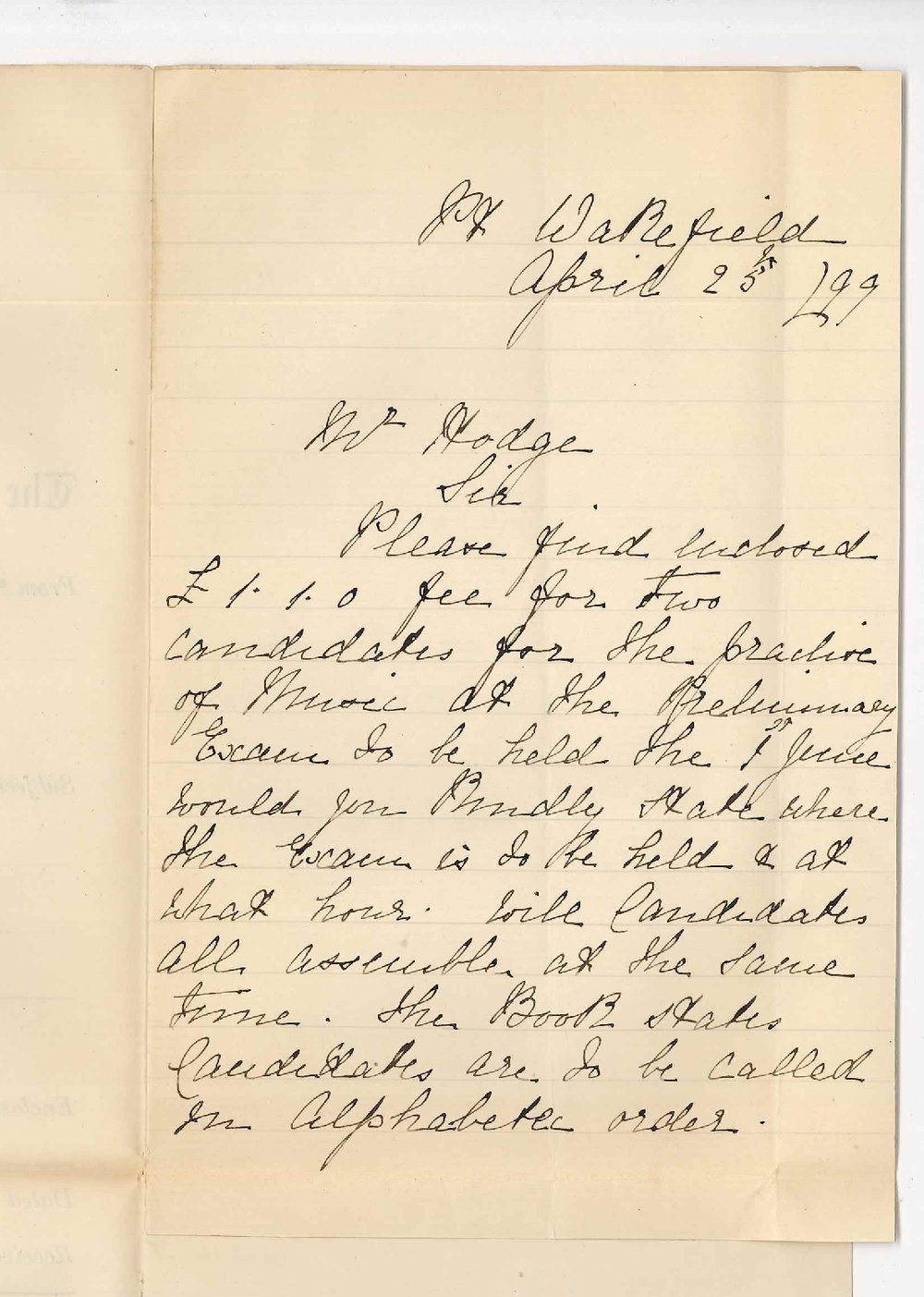 Mrs J Woodgate - Port Wakefield - Fee for the brochure of Music at the Preliminary Exam