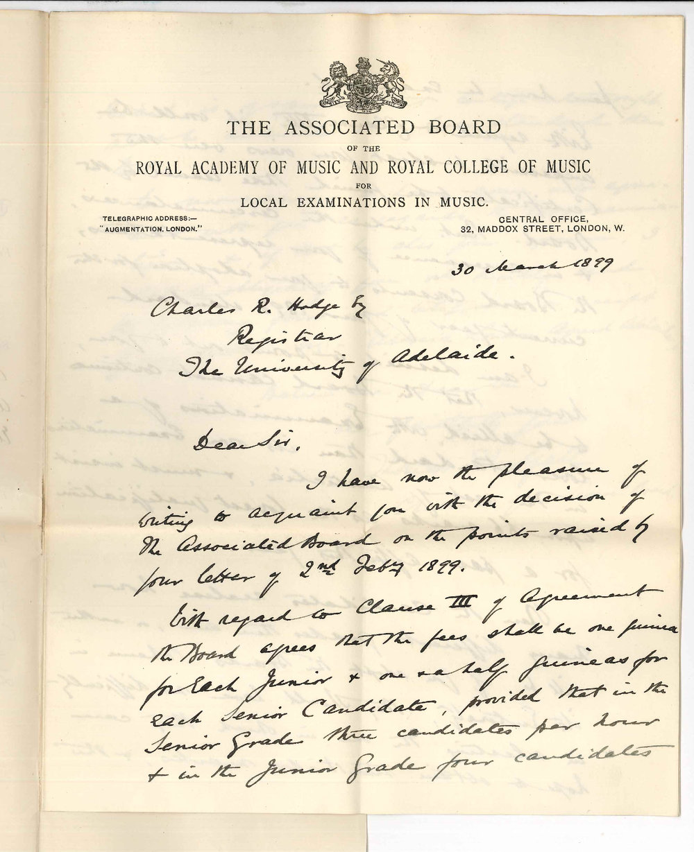 Thomas Threlfall - Associated Board of Royal Academy and College of Music - London - Concerning agreement between Associated Board and University