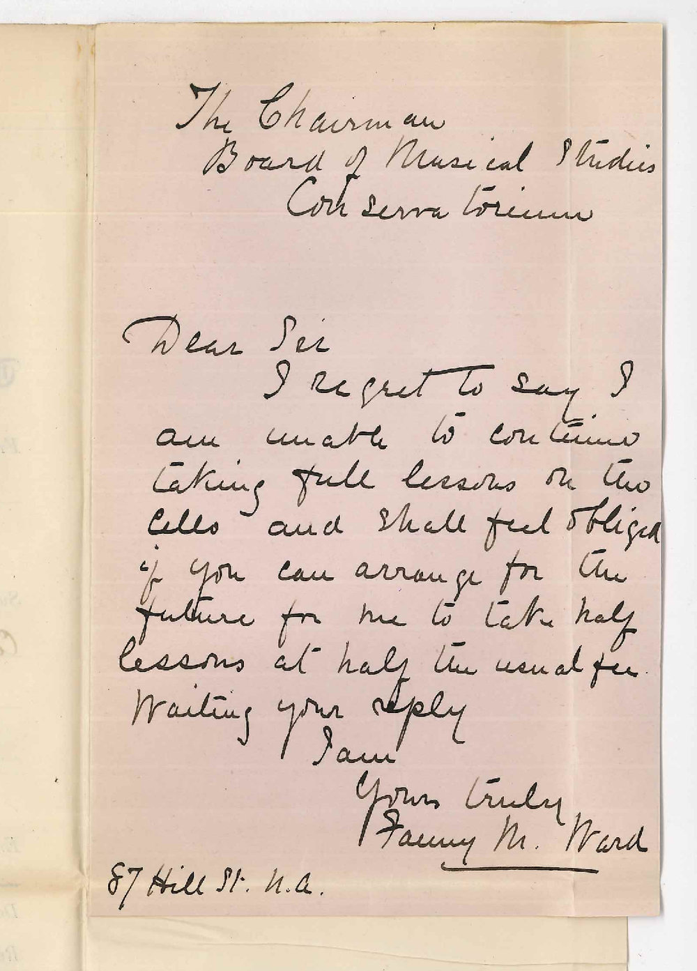 Miss Fanny M Ward - North Adelaide - Lessons at Conservatorium