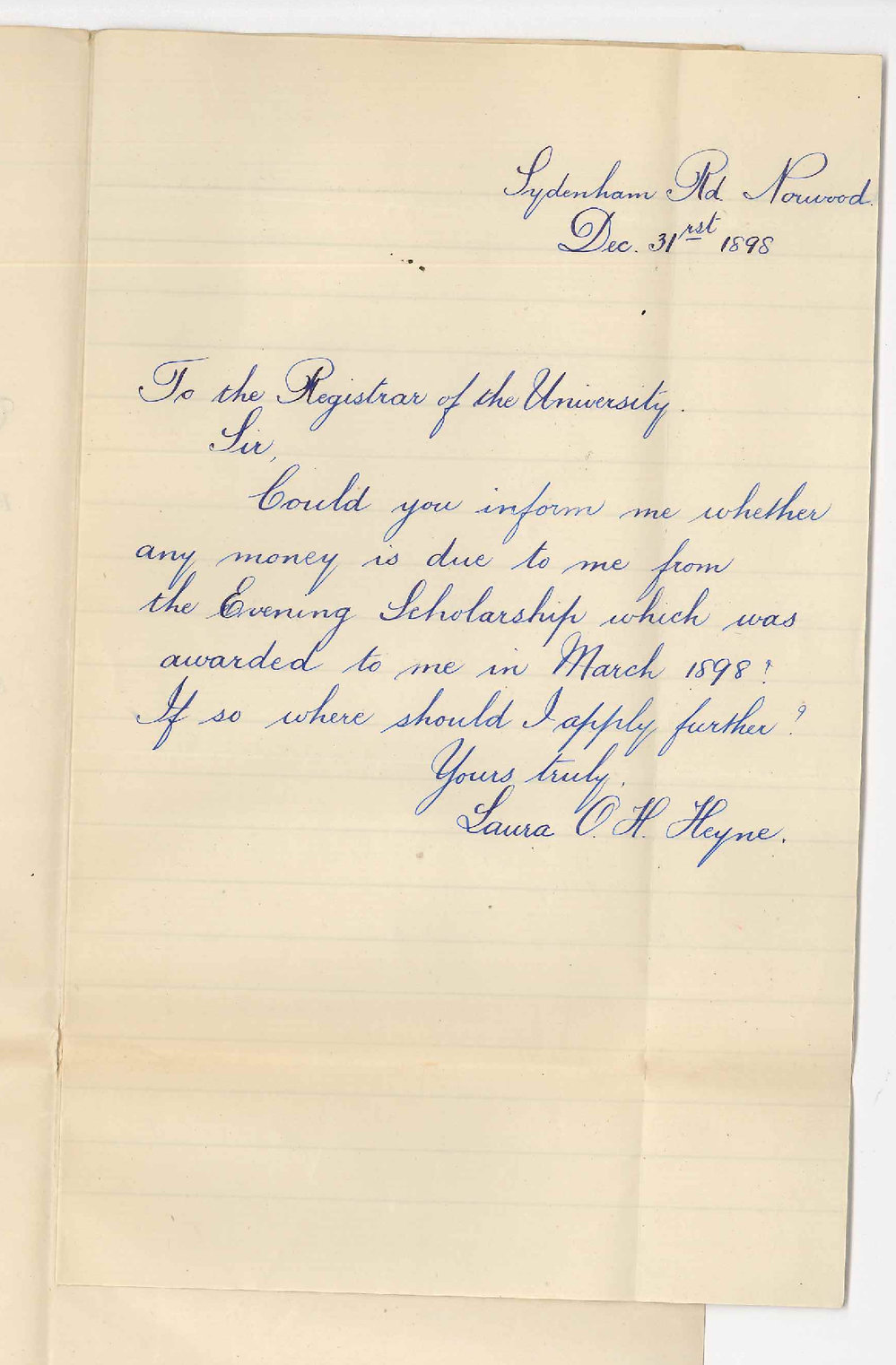 Miss Laura Olga Hedwig Heyne - Norwood - Evening Scholarship