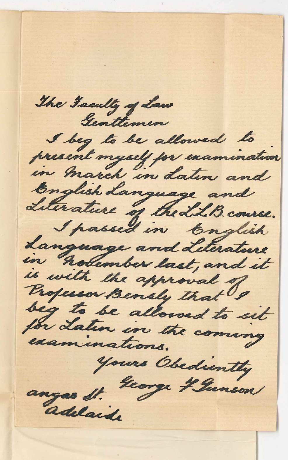 George F Gunson - Adelaide - Permission to sit for Latin and English Language and Literature in March