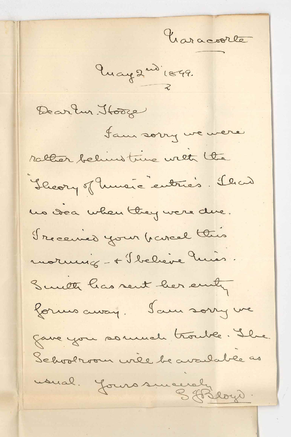 S J Bloyd - Naracoorte - Miss Smith late entry for Theory of Music exams