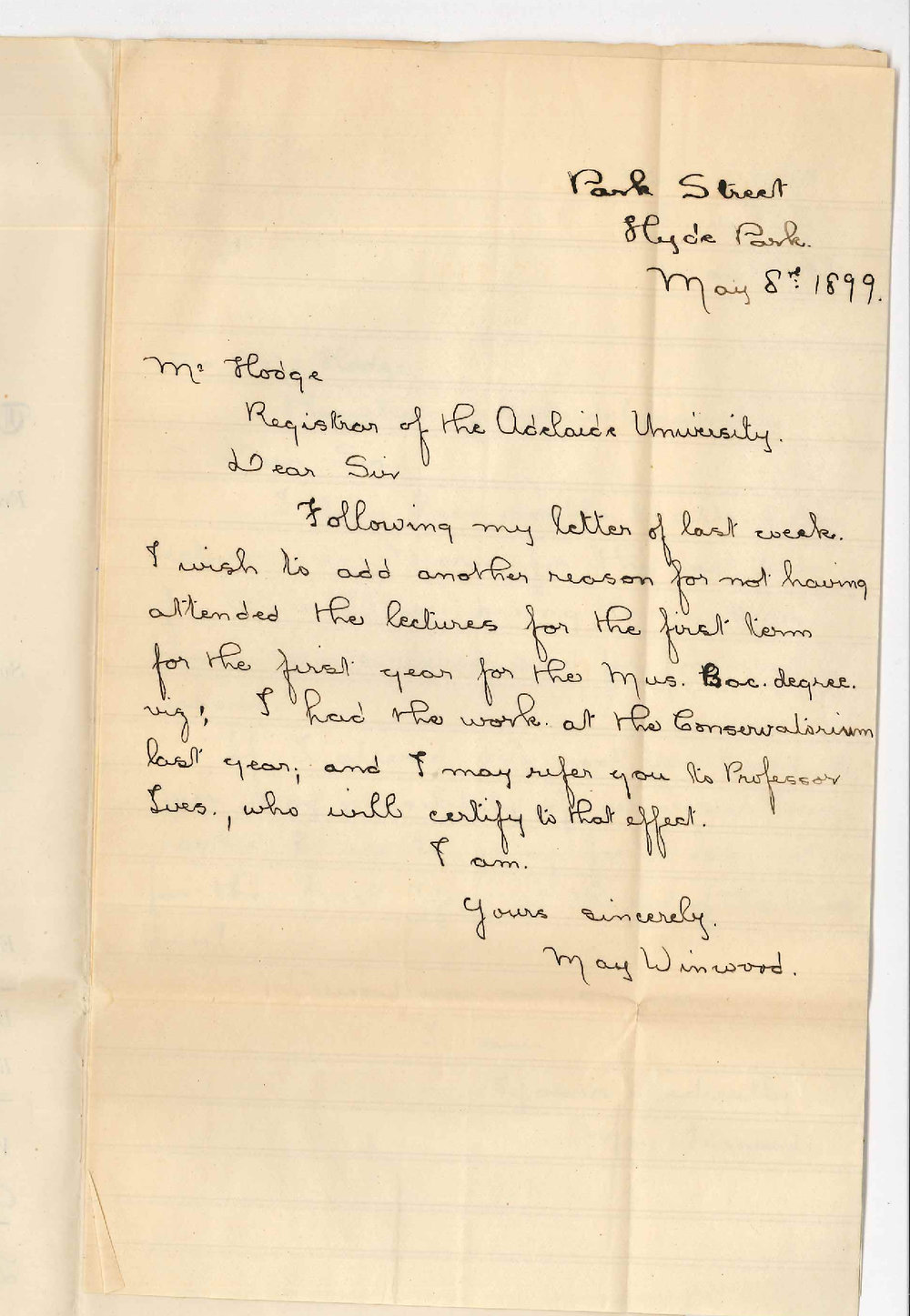 Miss May Winwood - Hyde Park - Unable to attend the lectures in Music Bachelor Degree