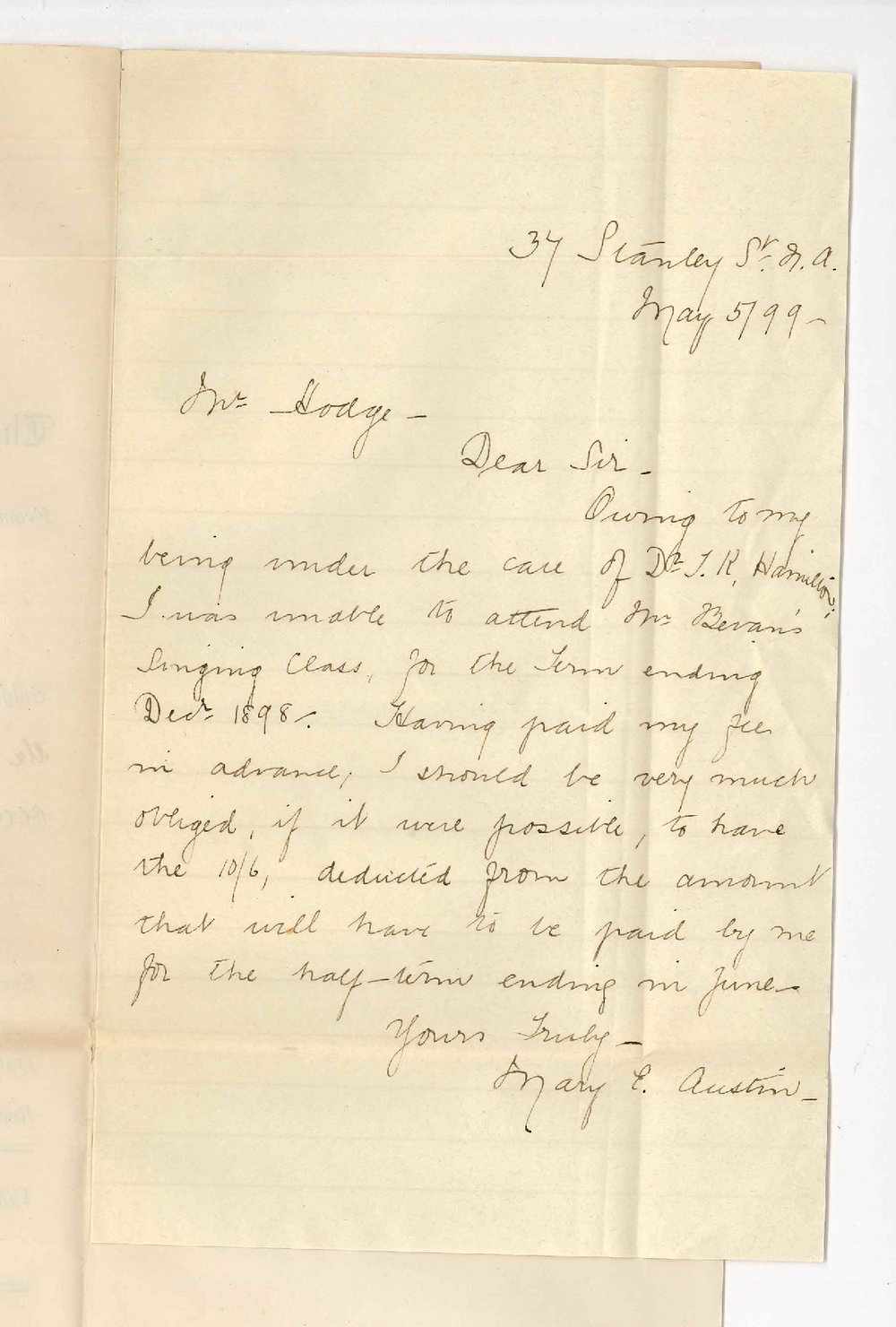 Miss Mary E Austin - North Adelaide - Requesting fee deduction owing to illness was unable to attend Mrs Revans singing class in 1898