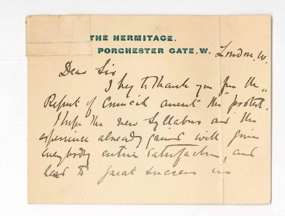 Frederic K Cliffe - London - Thanks report of Council concerning protest from Music Teachers