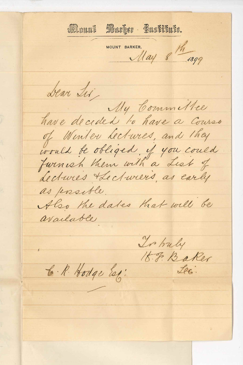 H J Baker - Mount Barker Institute - Committee decision to have a Course of Winter Lectures and request for a list of lectures