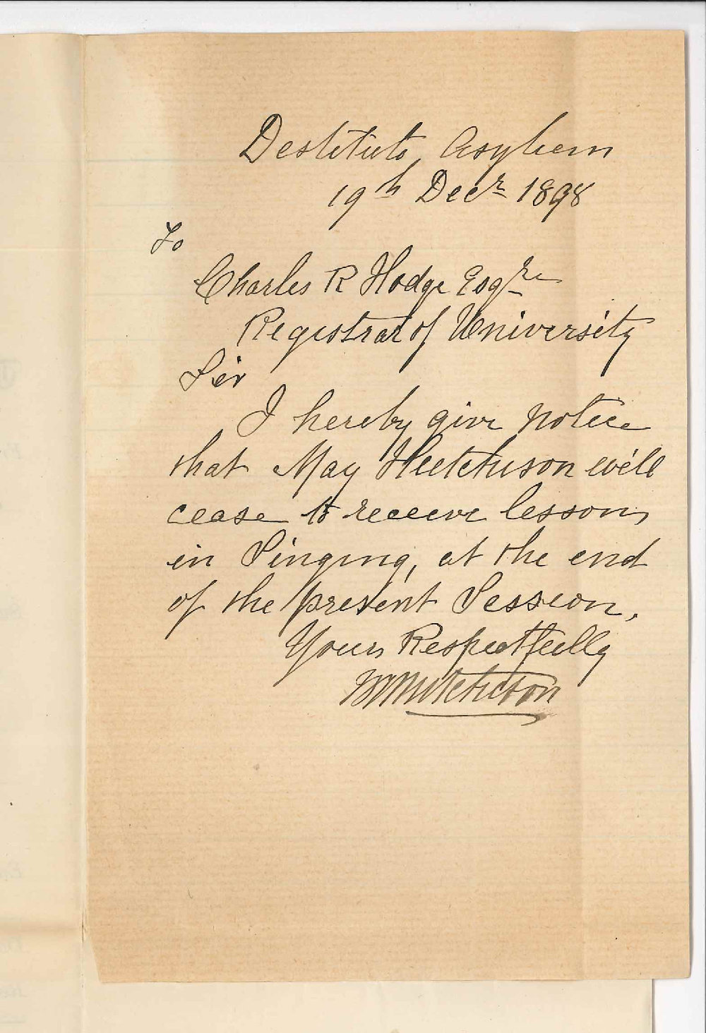 May Hutchison - Destitute Asylum - Discontinuing lessons in Singing