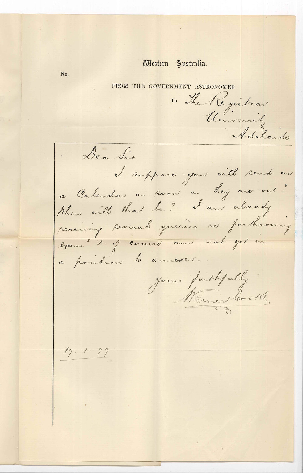 W Ernest Cooke - Western Australia - Request for Calendar