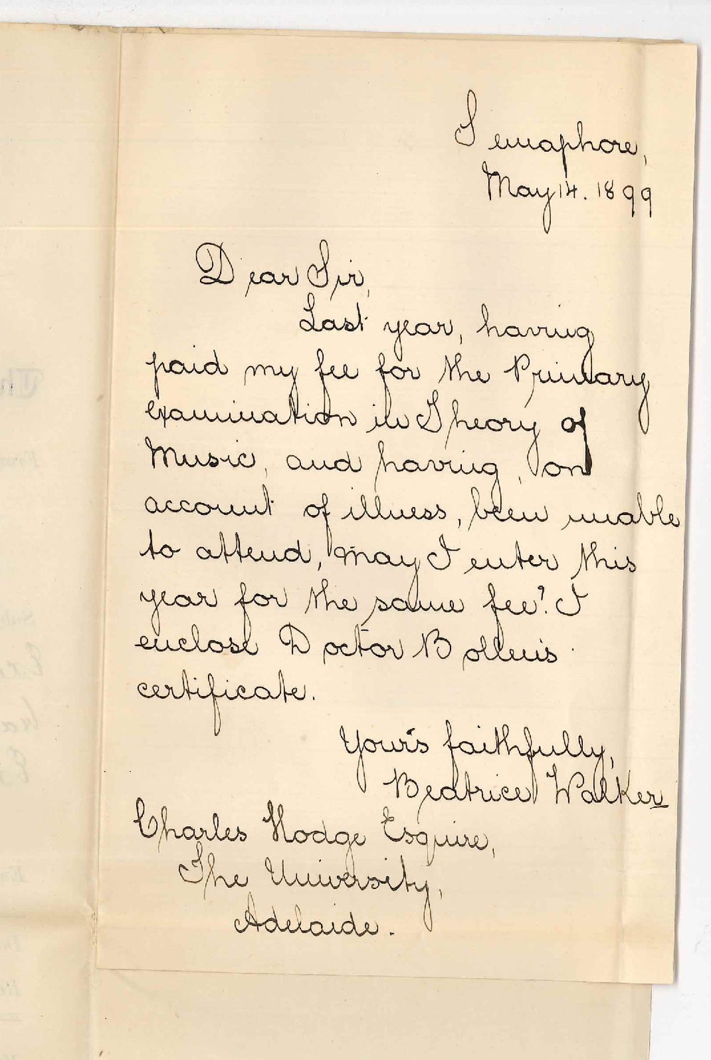 Miss Beatrice Walker - Semaphore - Request fee paid for Primary exam in 1898 be transferred to 1899 Examination