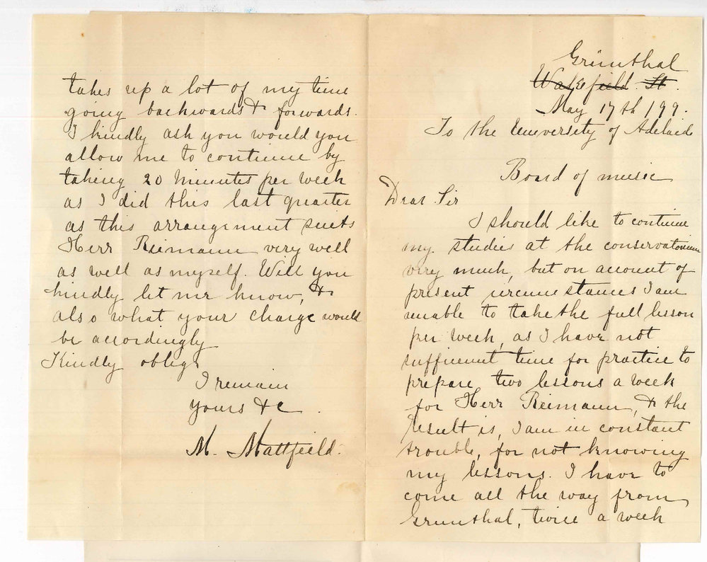 Miss M Mattfeild - Grunthal - Lessons at the Conservatorium