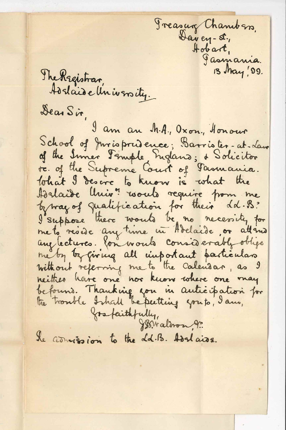 J B Waldron Jr - Hobart Tasmania - Admission to the LLB